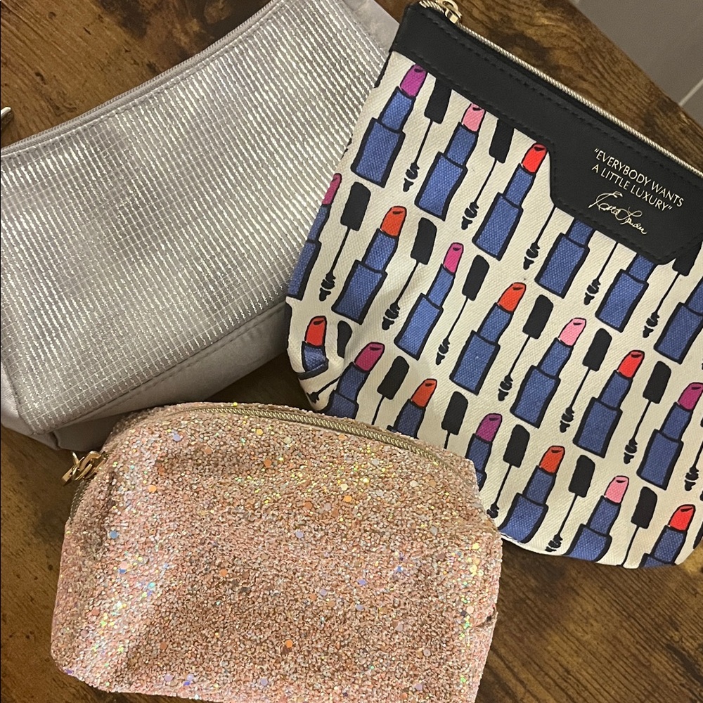 Lancome Silver Cosmetic Bag Este Lauder Lipstick Print Bbw Glitter Bag Trio Lot